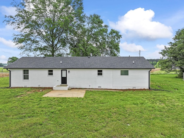 1950 Norton Rd, Lawrenceburg, TN 38464 - rear view of house with crawl space, a patio area, a yard, and a shingled roof