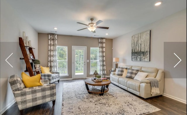 6161 Worthingtion Rd, Columbia, TN 38401 - living area featuring dark wood-style floors, ceiling fan, and recessed lighting