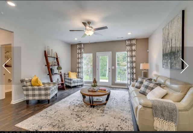 6161 Worthingtion Rd, Columbia, TN 38401 - living room featuring dark wood-style flooring, ceiling fan, and recessed lighting