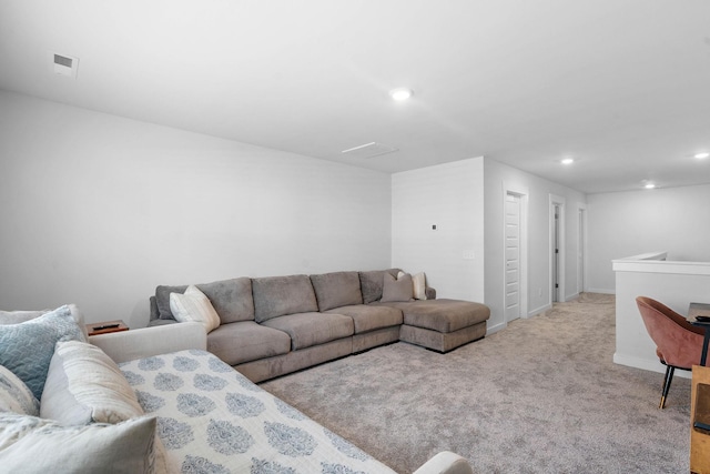 living room featuring recessed lighting, carpet flooring, and baseboards
