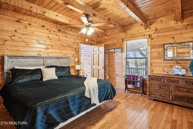 1640 Bench Mountain Way, Sevierville, TN 37862 - bedroom featuring hardwood / wood-style flooring, beamed ceiling, wooden ceiling, and wood walls