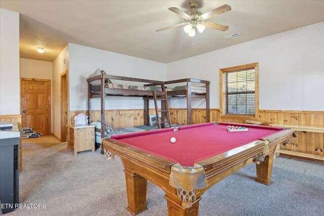 2409 Walnut Cove Way, Sevierville, TN 37862 - playroom with wainscoting, light carpet, wooden walls, a ceiling fan, and billiards table