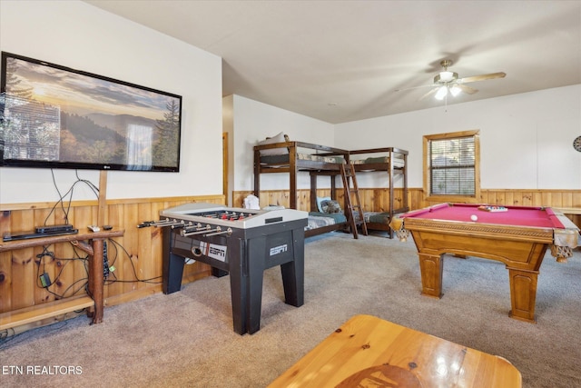 2409 Walnut Cove Way, Sevierville, TN 37862 - game room with a wainscoted wall, a ceiling fan, carpet, wooden walls, and pool table