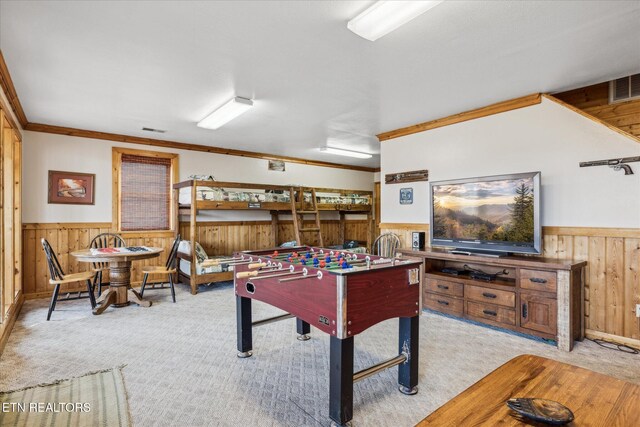 3514 Olde Tyme Way, Sevierville, TN 37862 - playroom featuring wooden walls, light carpet, a wainscoted wall, and crown molding