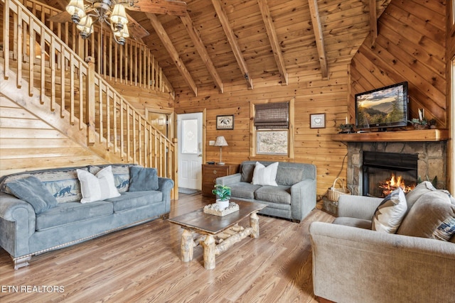 3514 Olde Tyme Way, Sevierville, TN 37862 - living area with stairs, wood ceiling, beamed ceiling, wood finished floors, and a fireplace