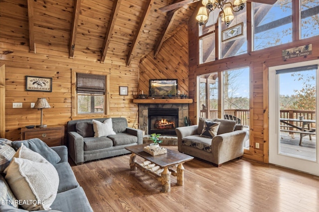 3514 Olde Tyme Way, Sevierville, TN 37862 - living room with wood ceiling, high vaulted ceiling, beamed ceiling, hardwood / wood-style floors, and a stone fireplace