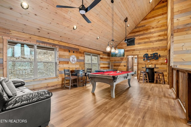playroom featuring billiards table, plenty of natural light, wood finished floors, wooden walls, and wood ceiling