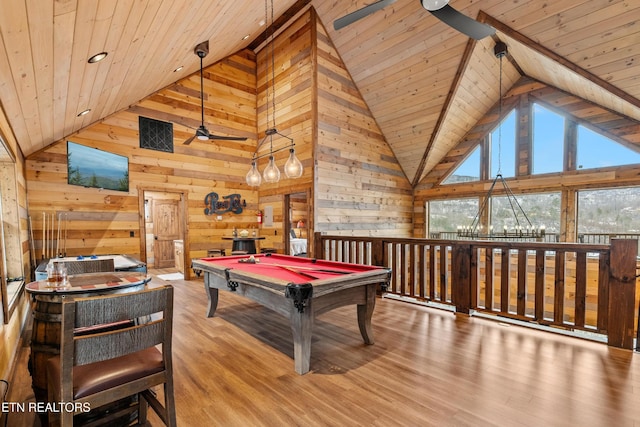 playroom with wood ceiling, a chandelier, wooden walls, billiards table, and wood finished floors