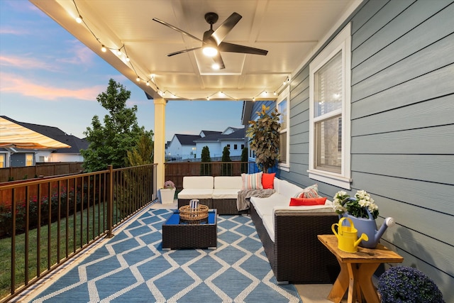view of patio / terrace featuring ceiling fan, outdoor lounge area, and fence