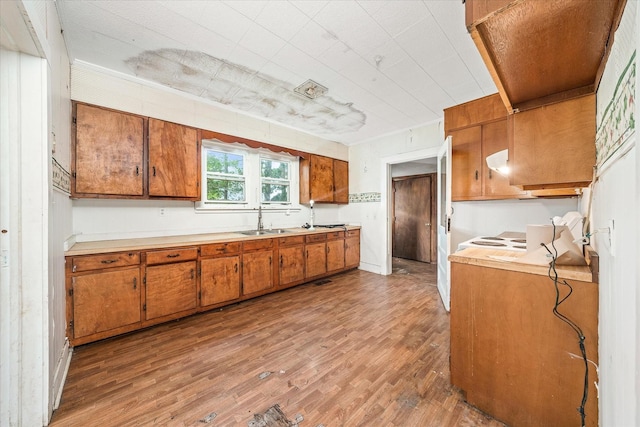 kitchen featuring brown cabinetry, a sink, light wood-style floors, and light countertops