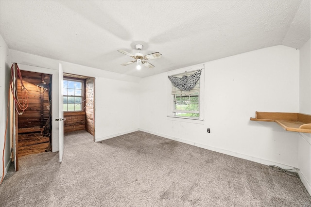 unfurnished bedroom featuring carpet flooring, a textured ceiling, multiple windows, and baseboards