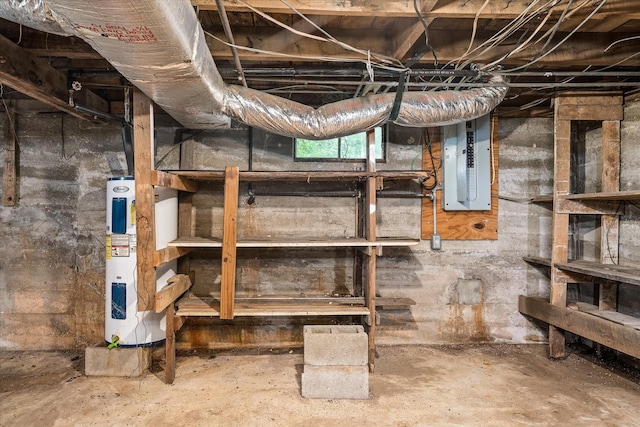 basement featuring electric panel and electric water heater