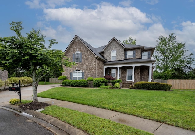 traditional home with brick siding, a porch, and driveway