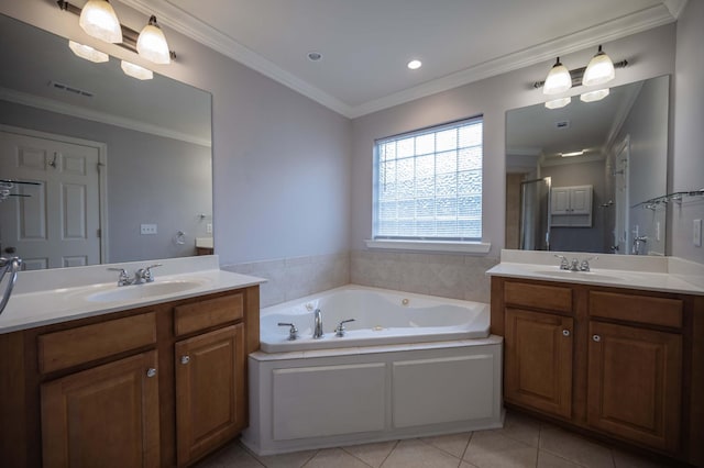 bathroom featuring a whirlpool tub, tile patterned floors, two vanities, a stall shower, and ornamental molding