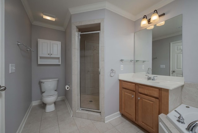 bathroom with toilet, a stall shower, baseboards, tile patterned floors, and crown molding
