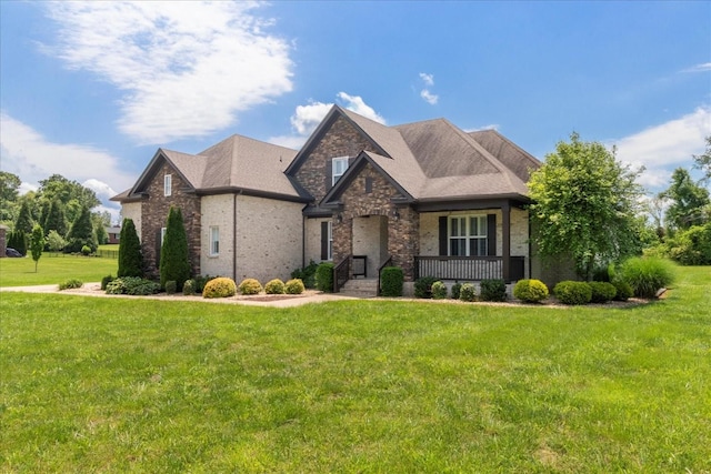 view of front of home with a front yard, stone siding, a porch, and brick siding