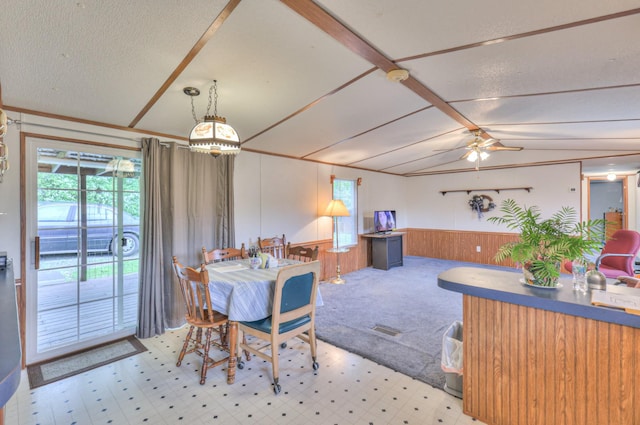 1687 Columbia Rock Rd, Columbia, TN 38401 - dining space with a wainscoted wall, light floors, ceiling fan, and wood walls