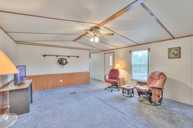 1687 Columbia Rock Rd, Columbia, TN 38401 - living area with a wainscoted wall, carpet floors, wood walls, ceiling fan, and lofted ceiling