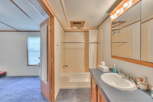 1687 Columbia Rock Rd, Columbia, TN 38401 - full bathroom featuring vanity, a textured ceiling, and shower / bathtub combination with curtain