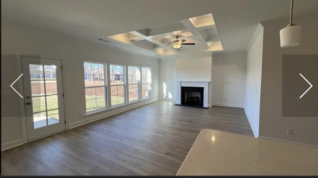 6158 Worthingtion Rd, Columbia, TN 38401 - unfurnished living room with coffered ceiling, dark wood-style floors, a ceiling fan, a fireplace with flush hearth, and ornamental molding