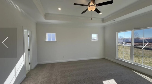6158 Worthingtion Rd, Columbia, TN 38401 - spare room with crown molding, a tray ceiling, recessed lighting, carpet floors, and ceiling fan