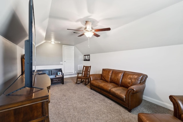 589 Smoky Mountains Dr, Gallatin, TN 37066 - living area featuring carpet, a ceiling fan, vaulted ceiling, and baseboards