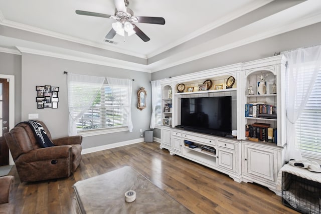 589 Smoky Mountains Dr, Gallatin, TN 37066 - living room with a ceiling fan, dark wood-style floors, baseboards, and ornamental molding
