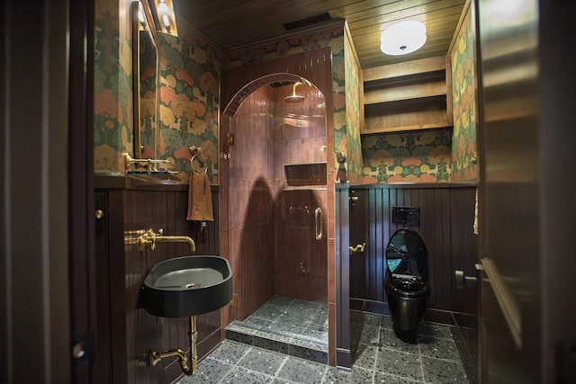 5564 Wilkins Branch Rd, Franklin, TN 37064 - bathroom featuring wainscoting, a stall shower, wallpapered walls, wood ceiling, and vanity