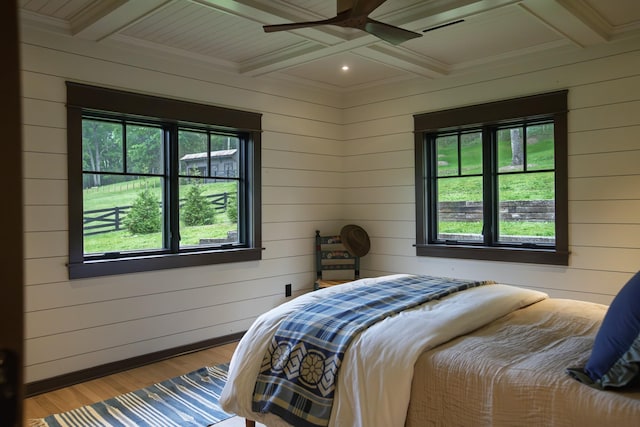 5564 Wilkins Branch Rd, Franklin, TN 37064 - bedroom with wooden walls, multiple windows, coffered ceiling, wood finished floors, and beam ceiling