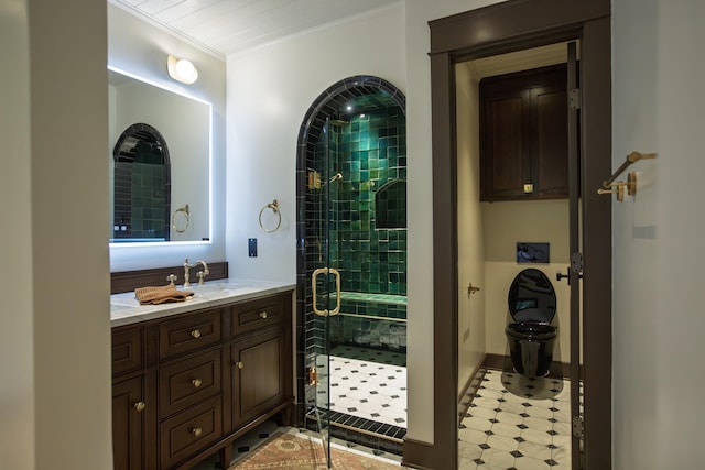 5564 Wilkins Branch Rd, Franklin, TN 37064 - full bathroom with a stall shower, vanity, ornamental molding, tile patterned floors, and baseboards