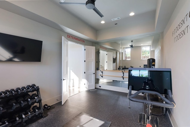 1461 Witherspoon Dr, Brentwood, TN 37027 - exercise area featuring ceiling fan, baseboards, and recessed lighting