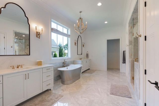 1461 Witherspoon Dr, Brentwood, TN 37027 - bathroom featuring crown molding, a stall shower, a chandelier, marble tiled flooring, and two vanities