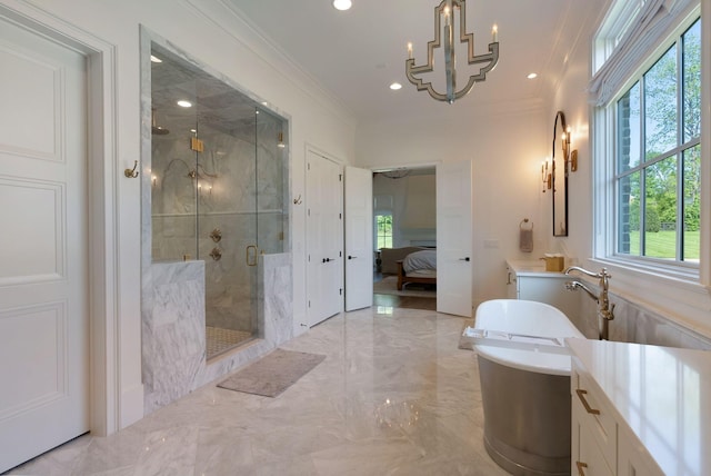 1461 Witherspoon Dr, Brentwood, TN 37027 - bathroom featuring marble tiled floors, connected bathroom, recessed lighting, crown molding, and a shower stall