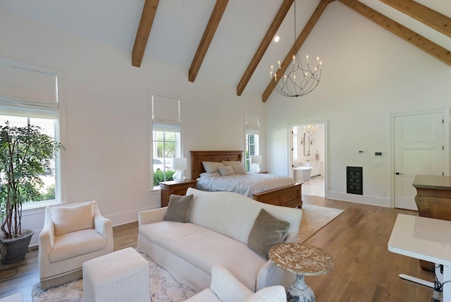 1461 Witherspoon Dr, Brentwood, TN 37027 - bedroom with a chandelier, beam ceiling, high vaulted ceiling, light wood finished floors, and baseboards