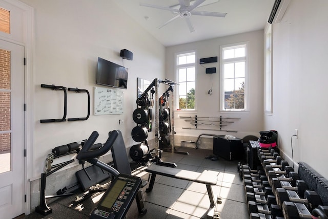 1461 Witherspoon Dr, Brentwood, TN 37027 - workout room with a ceiling fan, a wall mounted air conditioner, and lofted ceiling