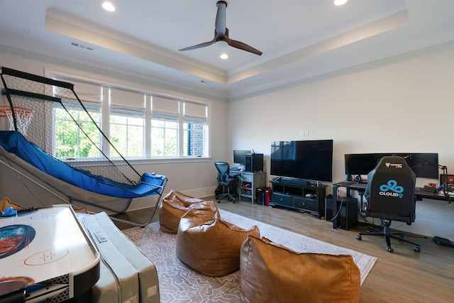 1461 Witherspoon Dr, Brentwood, TN 37027 - playroom featuring a tray ceiling, wood finished floors, ceiling fan, recessed lighting, and an office area
