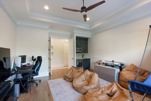 1461 Witherspoon Dr, Brentwood, TN 37027 - office space with a raised ceiling, ceiling fan, light wood-type flooring, beverage cooler, and recessed lighting