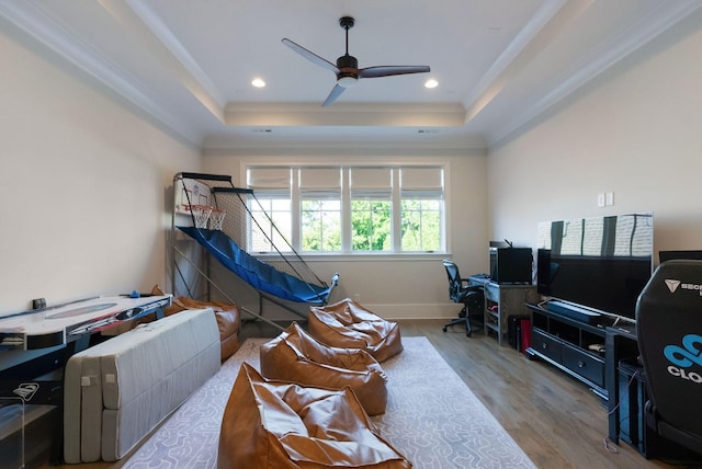 1461 Witherspoon Dr, Brentwood, TN 37027 - rec room with a raised ceiling, wood finished floors, ceiling fan, ornamental molding, and recessed lighting