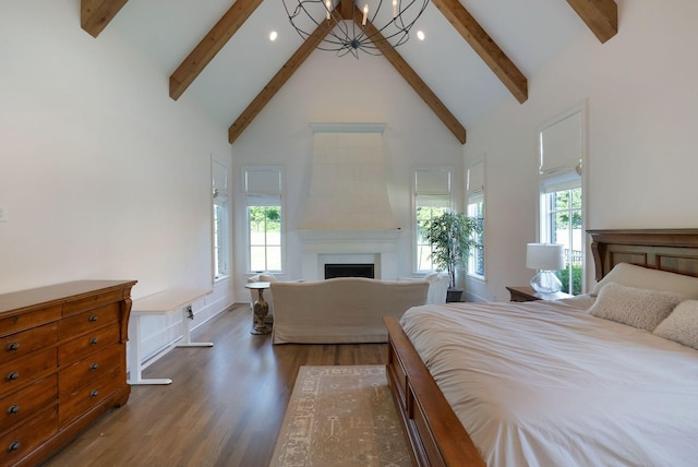 1461 Witherspoon Dr, Brentwood, TN 37027 - bedroom featuring high vaulted ceiling, beamed ceiling, wood finished floors, a fireplace, and recessed lighting