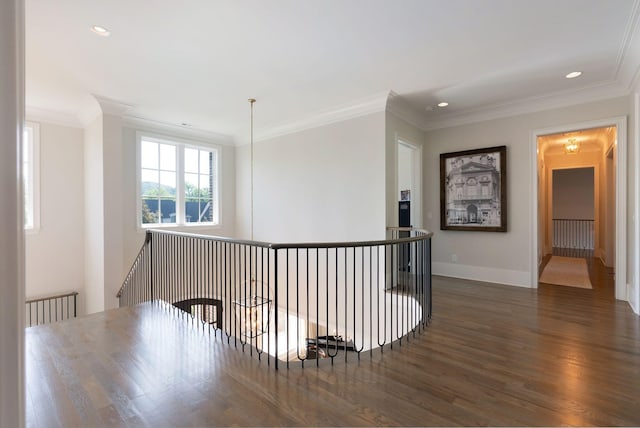 1461 Witherspoon Dr, Brentwood, TN 37027 - hall featuring dark wood-style floors, an upstairs landing, baseboards, recessed lighting, and crown molding