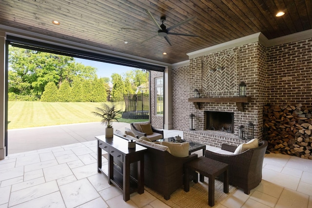 1461 Witherspoon Dr, Brentwood, TN 37027 - view of patio with an outdoor brick fireplace, ceiling fan, and a trampoline