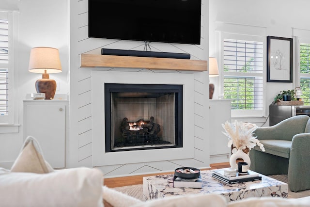 living area with a large fireplace and wood finished floors