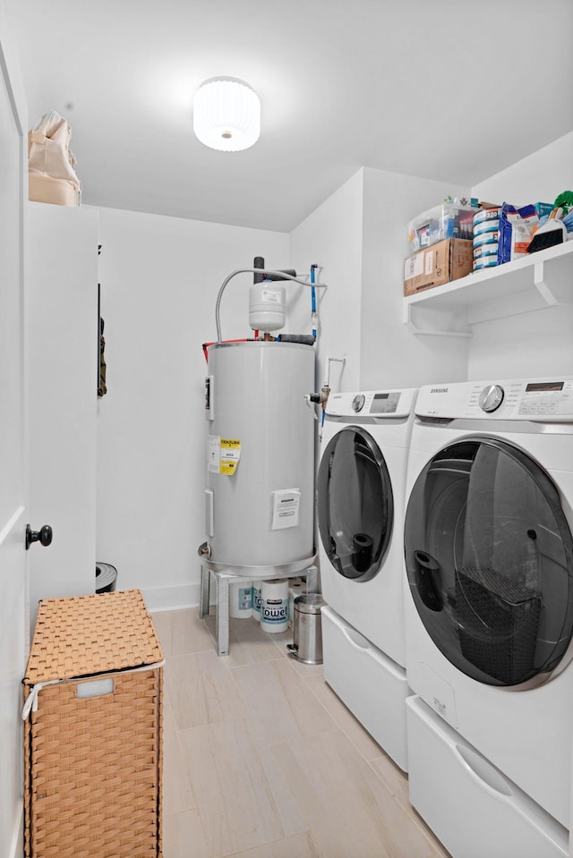 laundry room featuring electric water heater and washer and clothes dryer