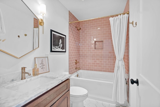 bathroom featuring shower / bath combo, toilet, vanity, and marble look tile flooring