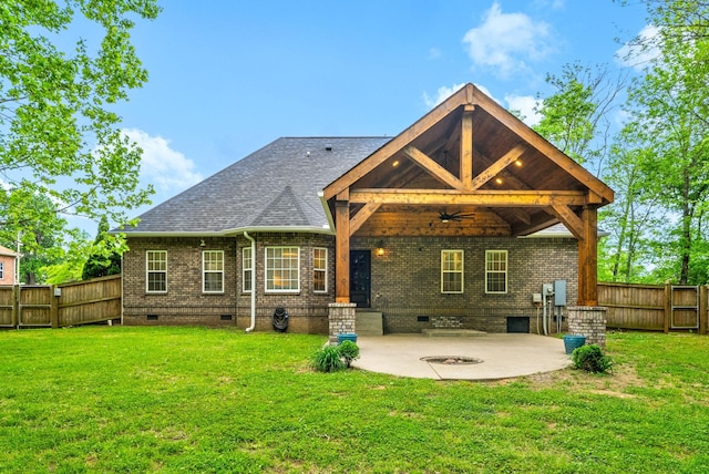 3031 Trice Pl, Lebanon, TN 37087 - back of property with crawl space, a patio area, a ceiling fan, brick siding, and a shingled roof