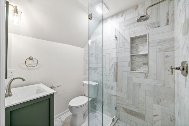 3031 Trice Pl, Lebanon, TN 37087 - bathroom featuring toilet, a shower stall, vaulted ceiling, marble finish flooring, and vanity