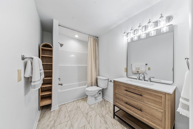 bathroom featuring toilet, marble finish floors, shower / tub combo, vanity, and baseboards
