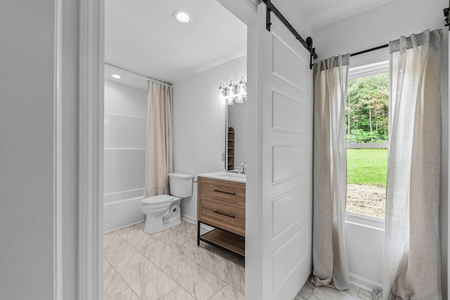 full bath featuring vanity, marble finish flooring, toilet, shower / tub combo, and recessed lighting