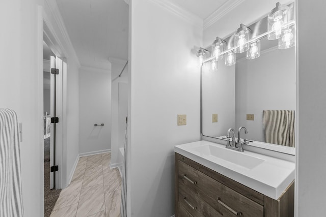 bathroom with ornamental molding, marble look tile flooring, vanity, shower / bathtub combination, and baseboards