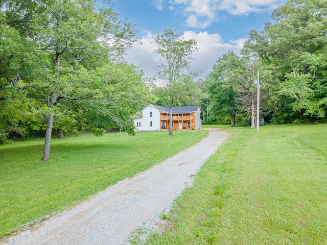 view of front of house featuring dirt driveway, a front lawn, and a view of trees